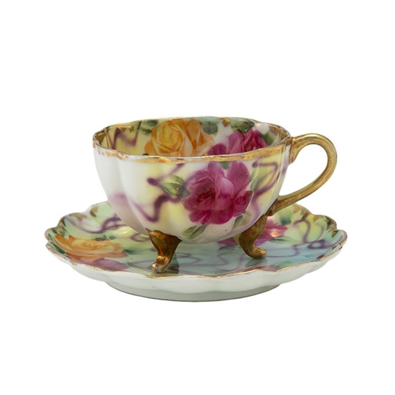 【1点限り】オールドノリタケ 金彩シンクインぼかし 薔薇文花型 カップ＆ソーサー 3っ足付