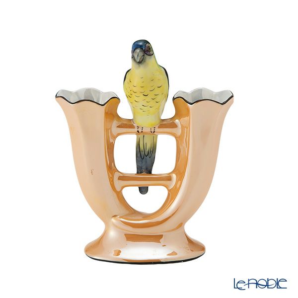 【1点限り】オールドノリタケ アールデコ オレンジラスター彩 二口花瓶 オウム鳥付