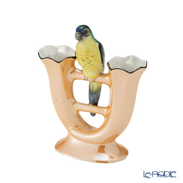 【1点限り】オールドノリタケ アールデコ オレンジラスター彩 二口花瓶 オウム鳥付