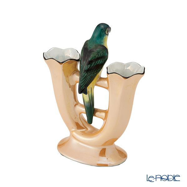 【1点限り】オールドノリタケ アールデコ オレンジラスター彩 二口花瓶 オウム鳥付