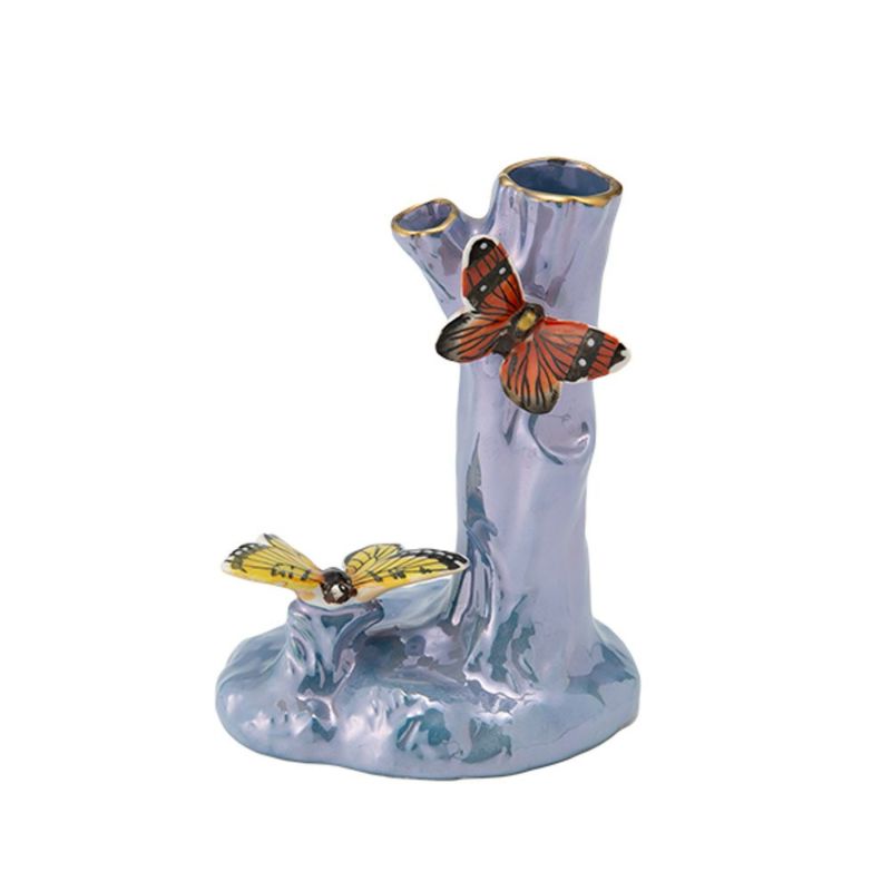 【1点限り】オールドノリタケ アールデコ ブルーラスター彩 二口花瓶 蝶々付