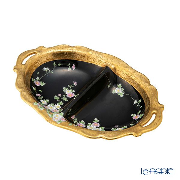 【1点限り】オールドノリタケ 金エッチング 黒地白エナメル 花文 楕円ボウル 両手付 2つ取分け