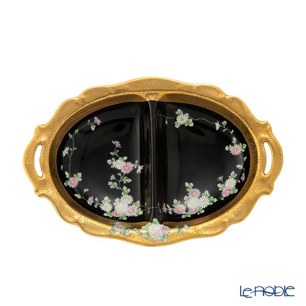 【1点限り】オールドノリタケ 金エッチング 黒地白エナメル 花文 楕円ボウル 両手付 2つ取分け