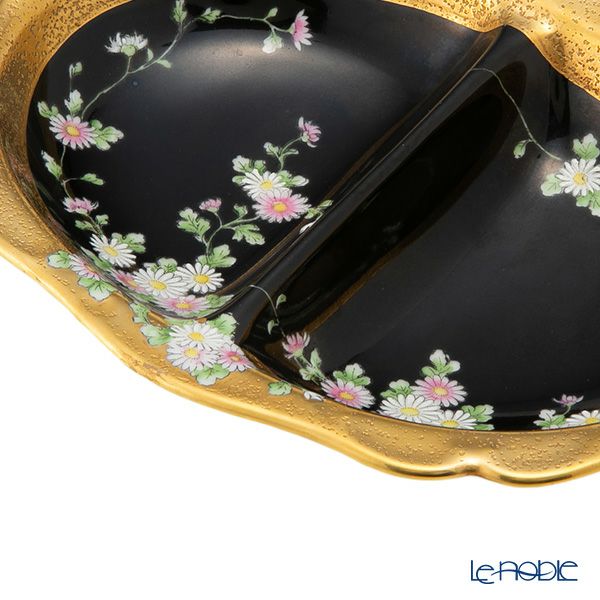 【1点限り】オールドノリタケ 金エッチング 黒地白エナメル 花文 楕円ボウル 両手付 2つ取分け