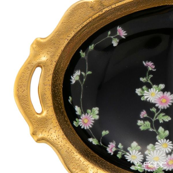 【1点限り】オールドノリタケ 金エッチング 黒地白エナメル 花文 楕円ボウル 両手付 2つ取分け
