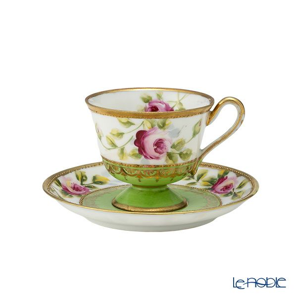【1点限り】オールドノリタケ 金点盛り 黄緑地 薔薇文 カップ＆ソーサー 高台付