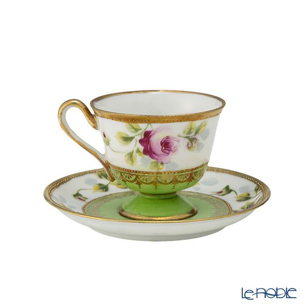 【1点限り】オールドノリタケ 金点盛り 黄緑地 薔薇文 カップ＆ソーサー 高台付