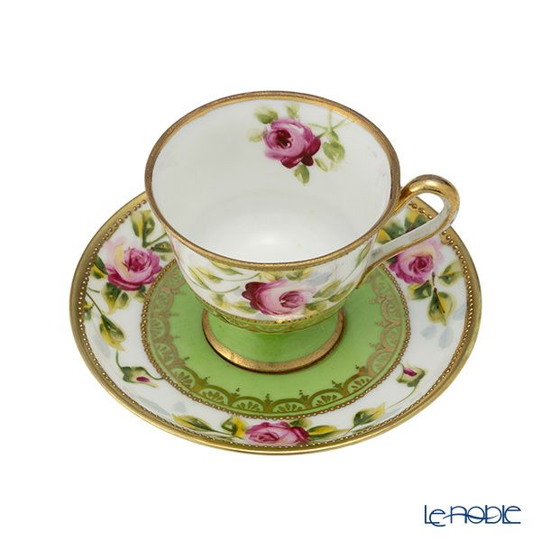 【1点限り】オールドノリタケ 金点盛り 黄緑地 薔薇文 カップ＆ソーサー 高台付