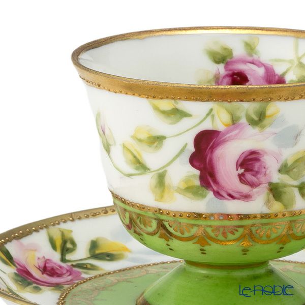 【1点限り】オールドノリタケ 金点盛り 黄緑地 薔薇文 カップ＆ソーサー 高台付