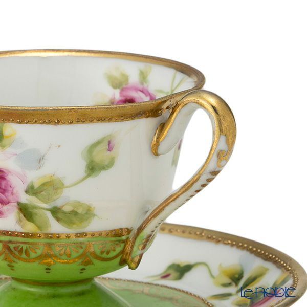 【1点限り】オールドノリタケ 金点盛り 黄緑地 薔薇文 カップ＆ソーサー 高台付