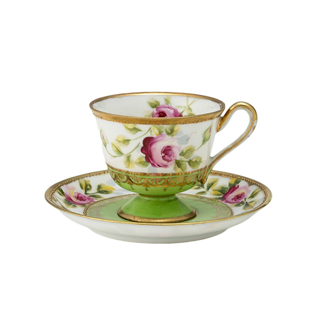 【1点限り】オールドノリタケ 金点盛り 黄緑地 薔薇文 カップ＆ソーサー 高台付