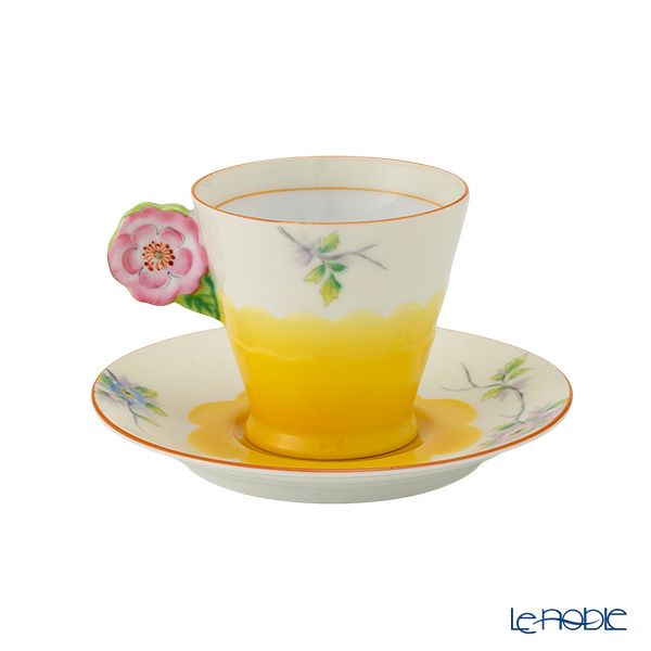 【1点限り】オールドノリタケ 茶枠黄色ぼかし花文 カップ＆ソーサー フラワーハンドル