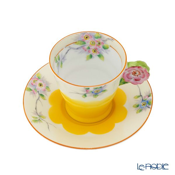 【1点限り】オールドノリタケ 茶枠黄色ぼかし花文 カップ＆ソーサー フラワーハンドル