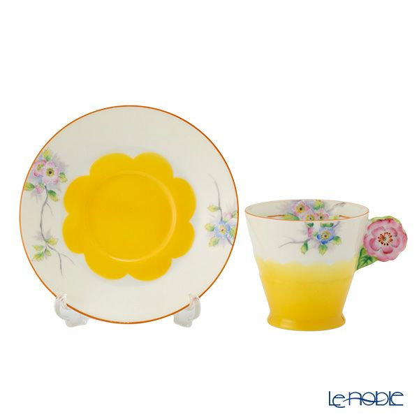 【1点限り】オールドノリタケ 茶枠黄色ぼかし花文 カップ＆ソーサー フラワーハンドル