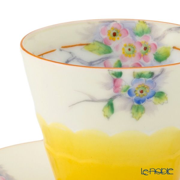 【1点限り】オールドノリタケ 茶枠黄色ぼかし花文 カップ＆ソーサー フラワーハンドル