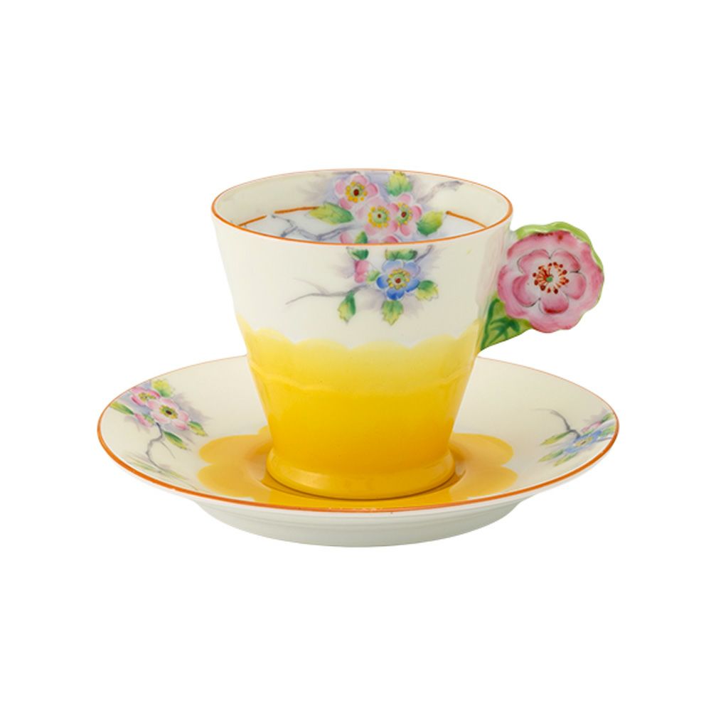 【1点限り】オールドノリタケ 茶枠黄色ぼかし花文 カップ＆ソーサー フラワーハンドル