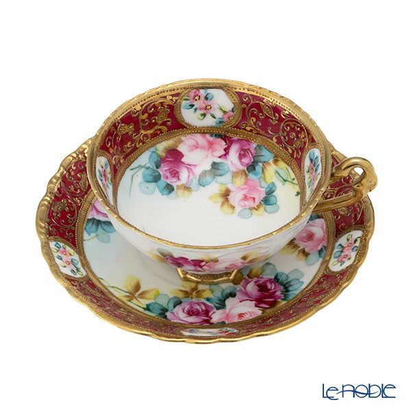 【1点限り】オールドノリタケ 金盛ルビー地帯 薔薇文 トリオセット ティー