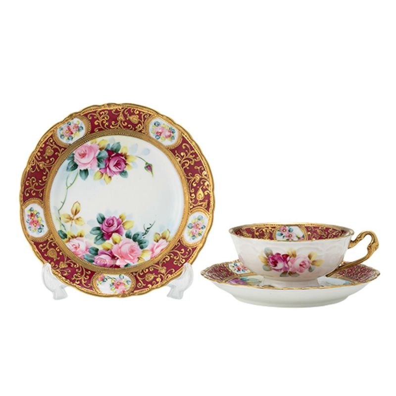 【1点限り】オールドノリタケ 金盛ルビー地帯 薔薇文 トリオセット ティー