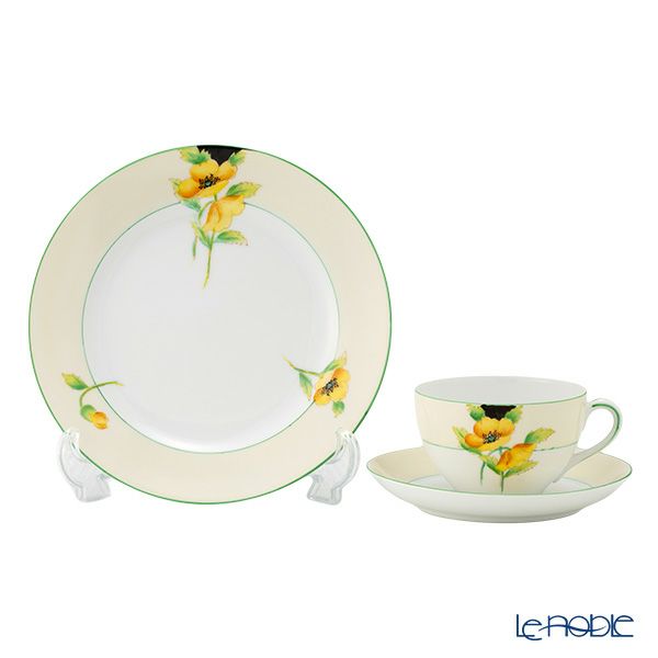 【1点限り】オールドノリタケ 黄緑枠クリーム帯 黄花文 トリオセット ティー