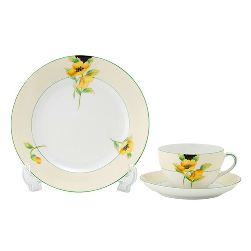 【1点限り】オールドノリタケ 黄緑枠クリーム帯 黄花文 トリオセット ティー