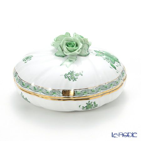 ヘレンド アポニーグリーン 06026-0-09 ラウンドボックス（ローズ） 17cm