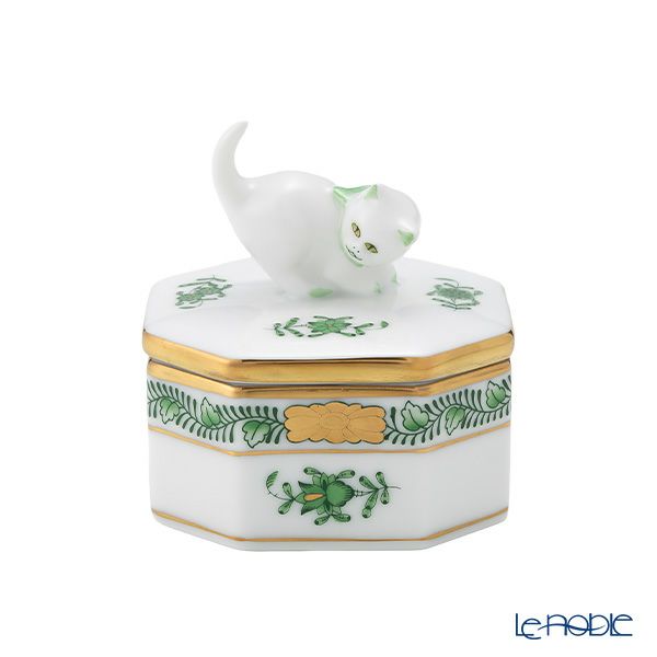 ヘレンド アポニーグリーン 06104-0-26／6074 オクタゴナルボックス（ネコ）