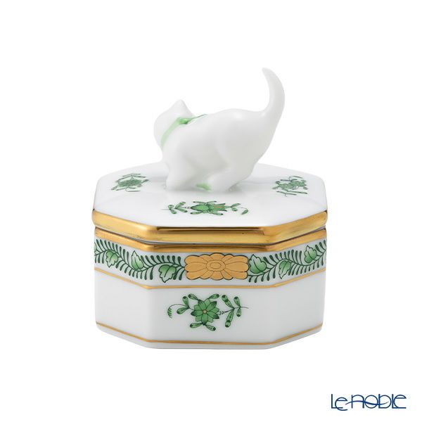 ヘレンド アポニーグリーン 06104-0-26／6074 オクタゴナルボックス（ネコ）