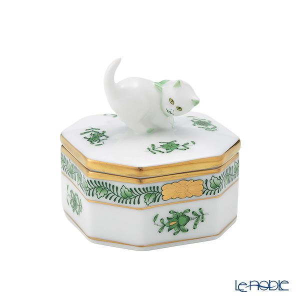 ヘレンド アポニーグリーン 06104-0-26／6074 オクタゴナルボックス（ネコ）