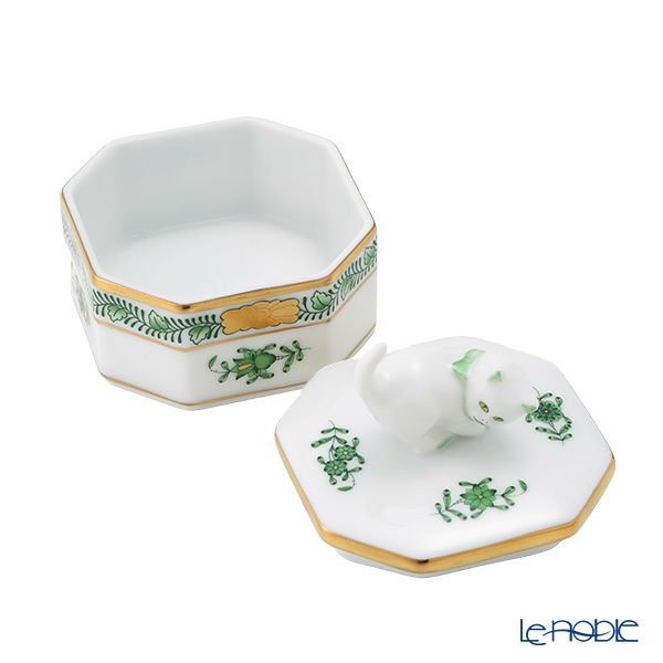 ヘレンド アポニーグリーン 06104-0-26／6074 オクタゴナルボックス（ネコ）