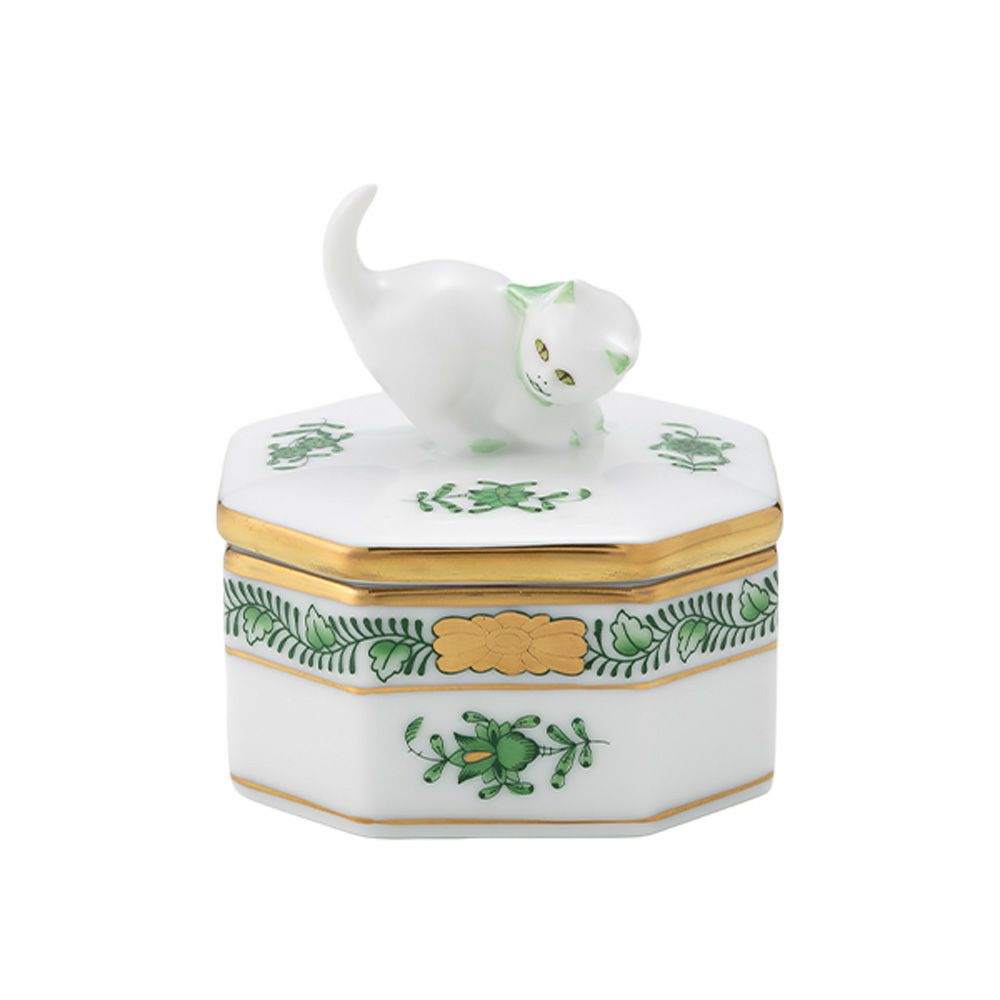 ヘレンド アポニーグリーン 06104-0-26／6074 オクタゴナルボックス（ネコ）