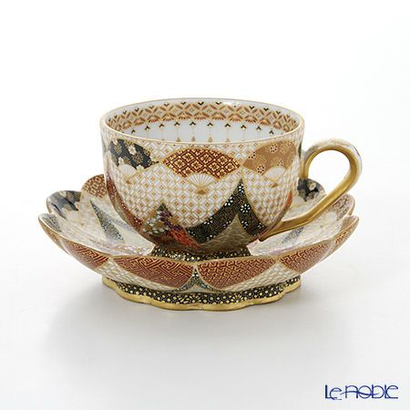 現代の京薩摩×アウガルテン磁器工房 モカカップ＆ソーサー 扇面白七宝紋 絵付：伝統工芸士 小野多美枝氏 -空女-