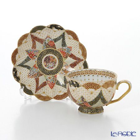 現代の京薩摩×アウガルテン磁器工房 モカカップ＆ソーサー 扇面白七宝紋 絵付：伝統工芸士 小野多美枝氏 -空女-