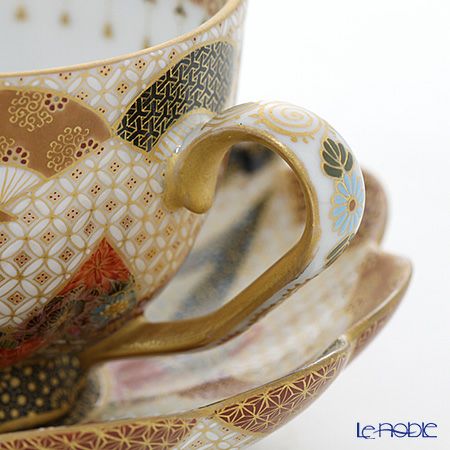 現代の京薩摩×アウガルテン磁器工房 モカカップ＆ソーサー 扇面白七宝紋 絵付：伝統工芸士 小野多美枝氏 -空女-