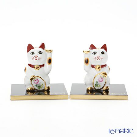 ヘレンド ウィーンのバラ シンプル 15679-0-00 招き猫 右手・左手 ペア（漆器台付）