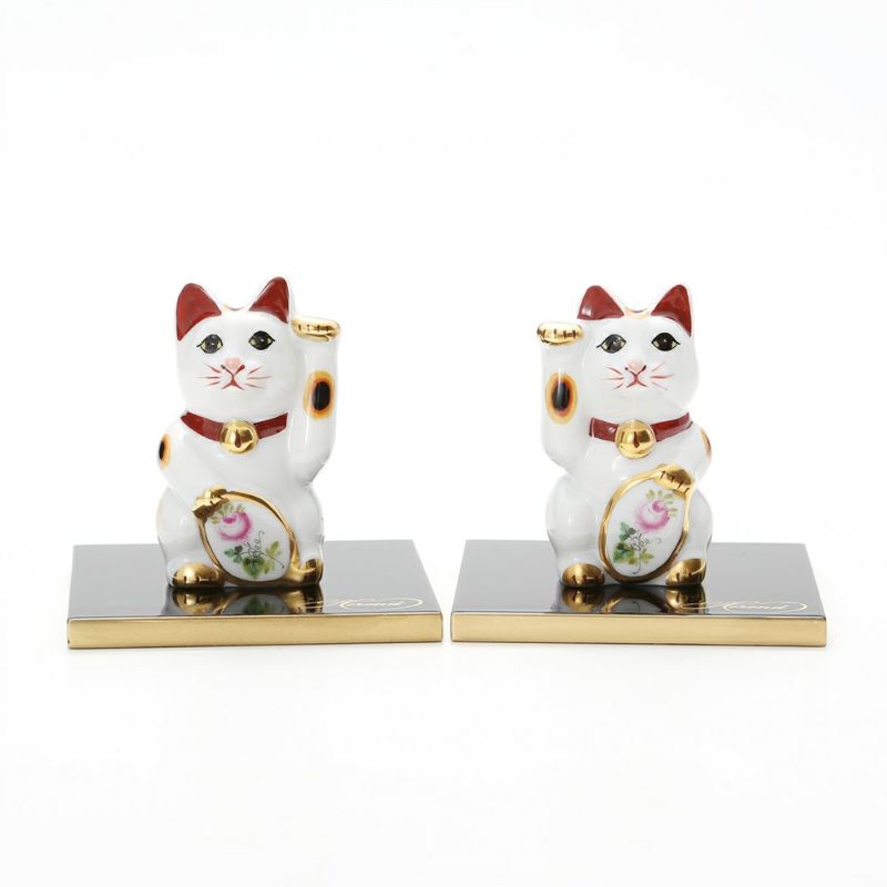 ヘレンド ウィーンのバラ シンプル 15679-0-00 招き猫 右手・左手 ペア（漆器台付）