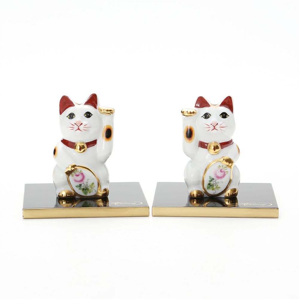 ヘレンド ウィーンのバラ シンプル 15679-0-00 招き猫 右手・左手 ペア（漆器台付）
