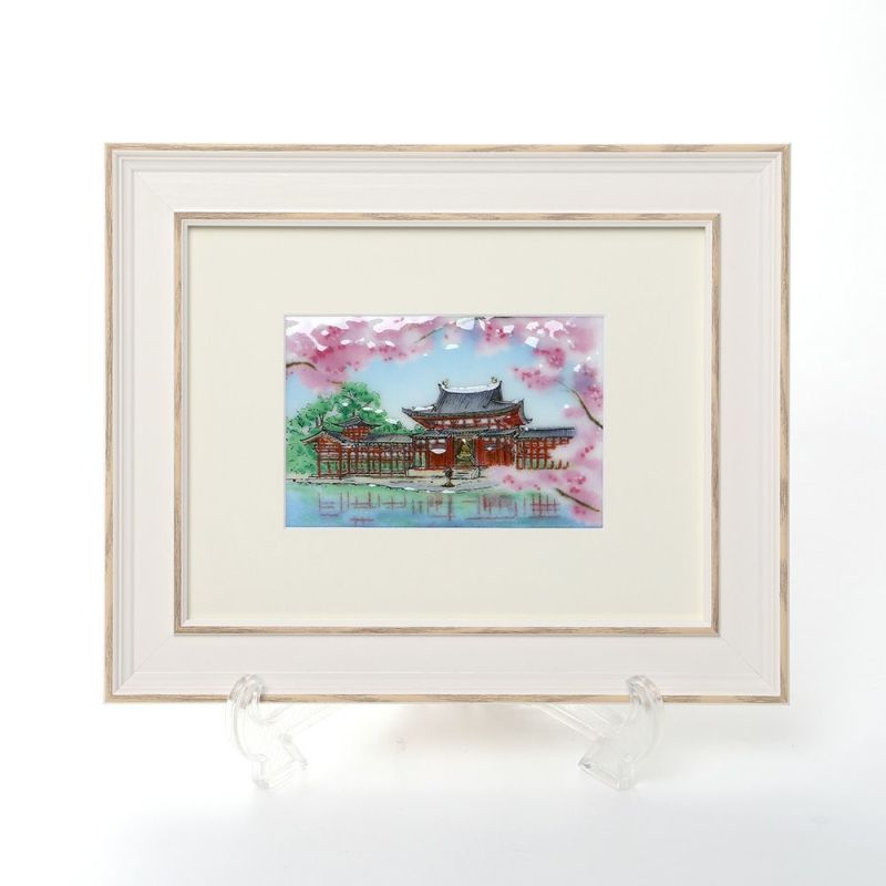 京七宝額（アートSHIPPO） 平等院 桜 額24×29.5cm ホワイト
