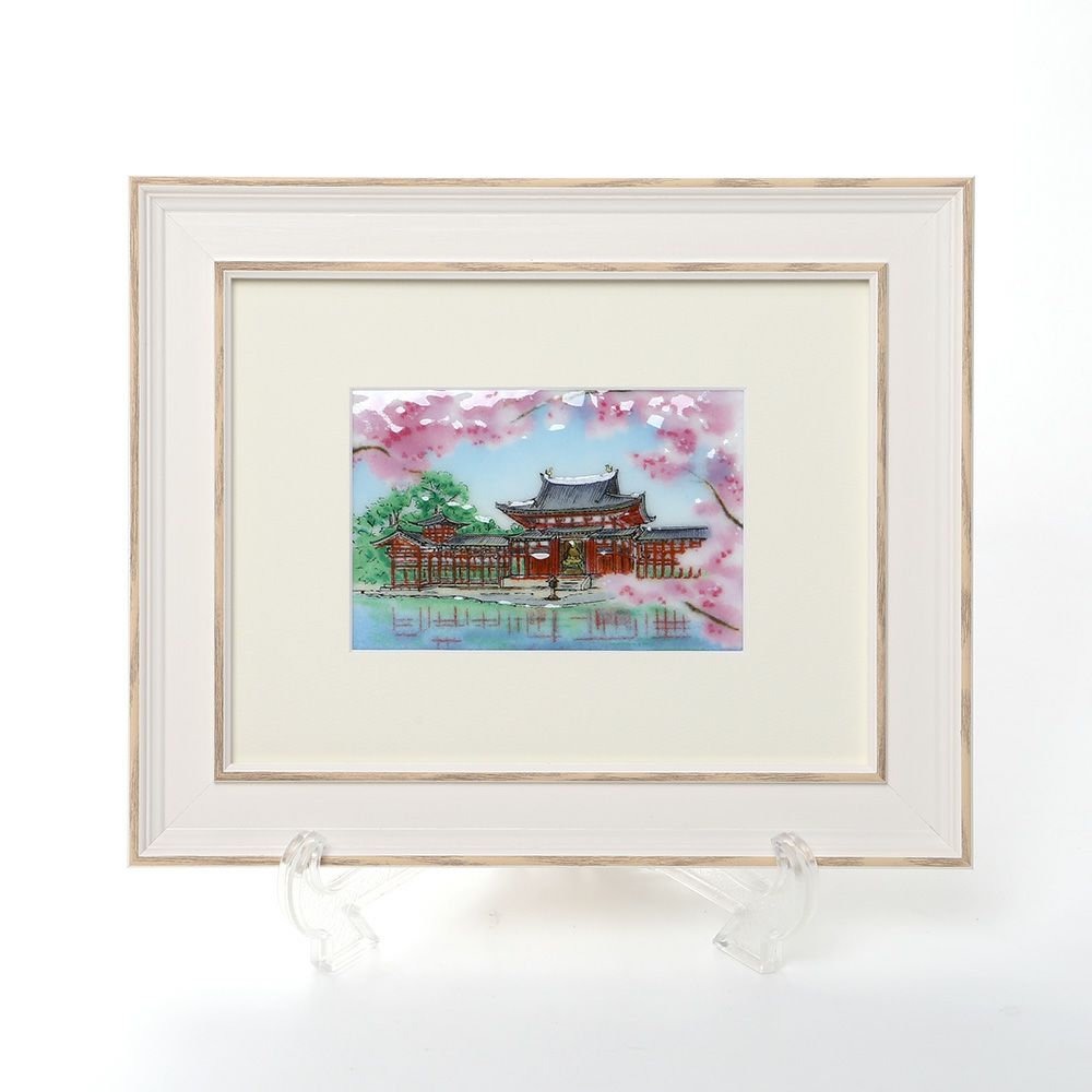 京七宝額（アートSHIPPO） 平等院 桜 額24×29.5cm ホワイト