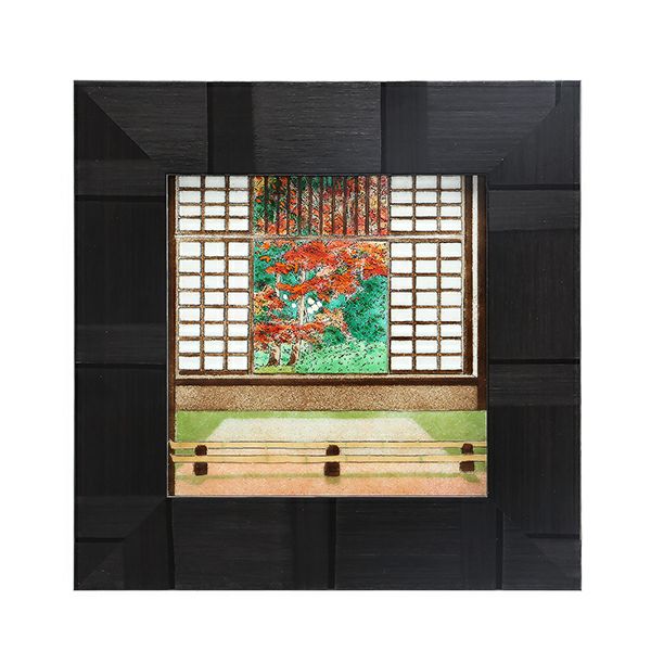 京七宝額（アートSHIPPO） 京都 源光庵 迷いの窓（紅葉） 額 24.5×24.5cm 黒 七宝焼