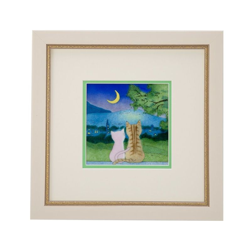 京七宝額（アートSHIPPO） 月夜の猫 額25.5×25.5cm アイボリーゴールド