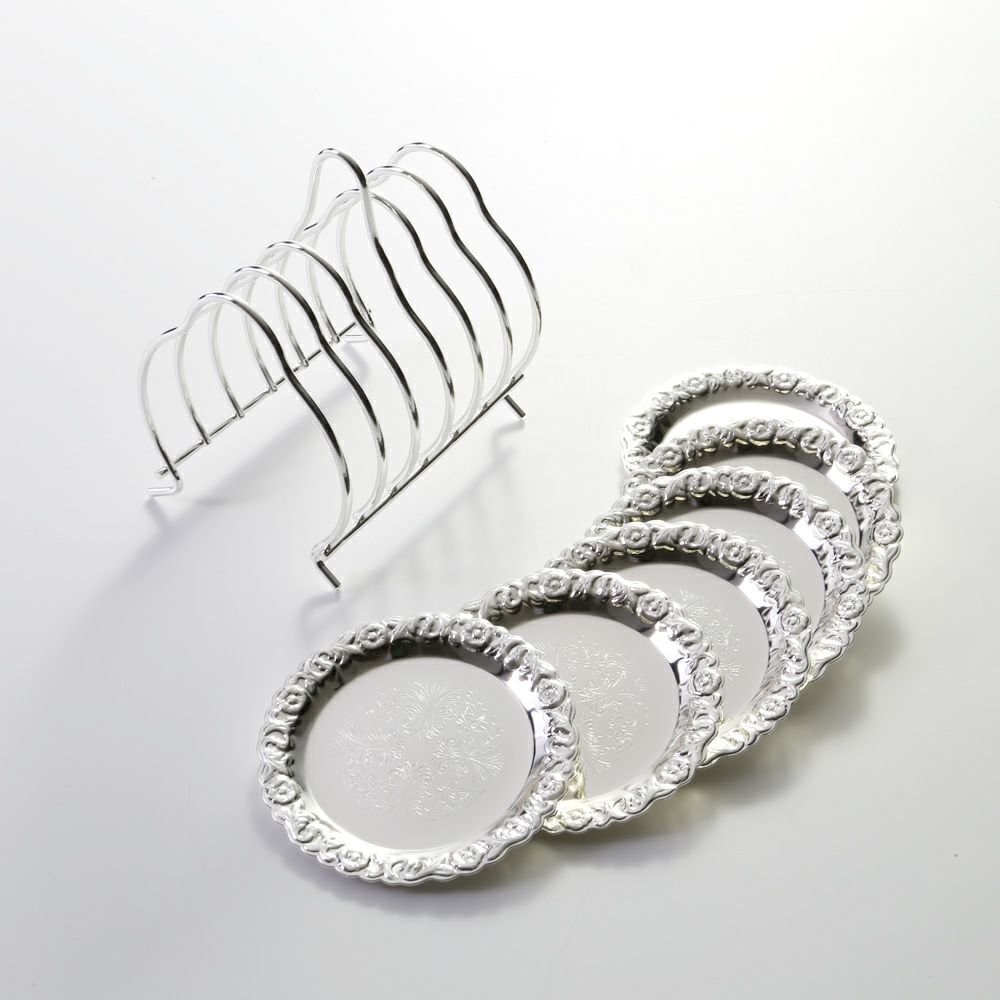 クイーン アン QUEEN ANNE（イギリス製銀メッキ） コースター 9.5cm 6枚セット／ラック付 0／5896／2