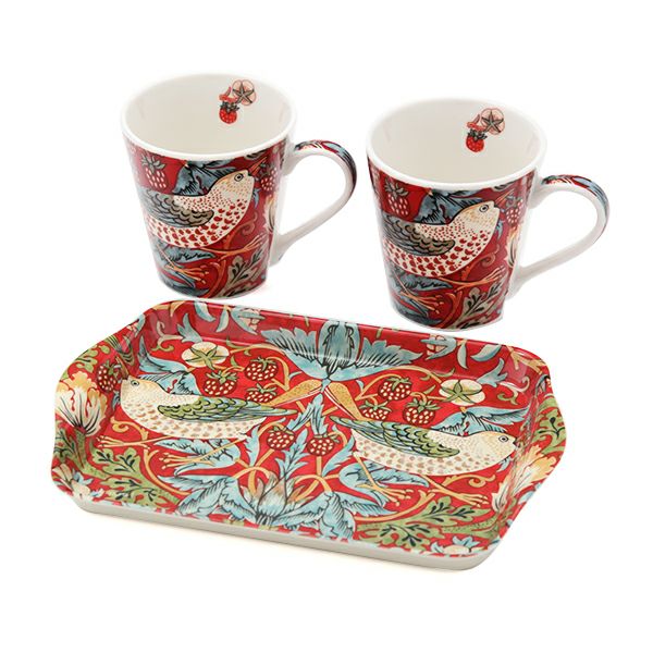 ピンパーネル ウィリアムモリス いちご泥棒 レッド マグカップ 180ml ペア ＆ メラミン製トレイ 21×14cm セット