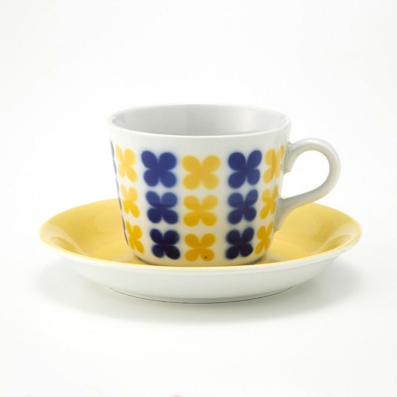 【1点限り】北欧ヴィンテージ アラビア（ARABIA）ステンシルシリーズ コーヒーカップ＆ソーサー ブルー×イエロー