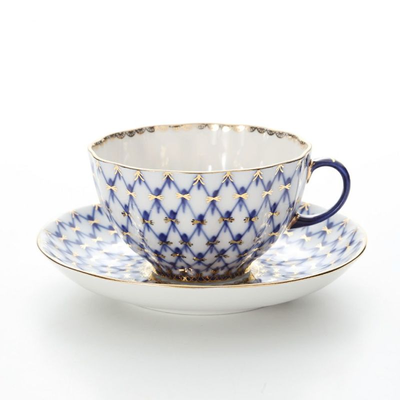 ロシア食器 インペリアル・ポーセリン コバルトネット ティーカップ＆ソーサー 250ml