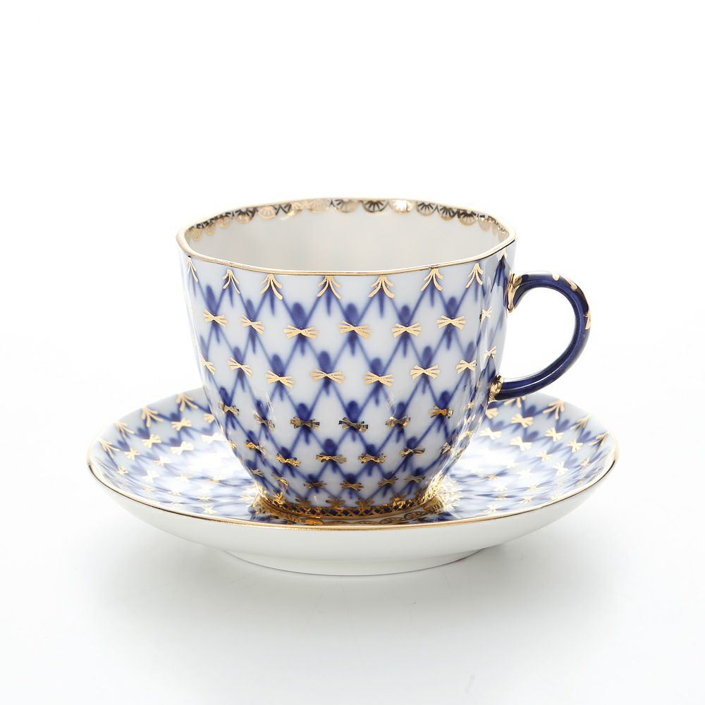 ロシア食器 インペリアル・ポーセリン コバルトネット コーヒーカップ＆ソーサー 140ml