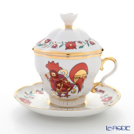 ロシア食器 インペリアル・ポーセリン レッドルースター ティーカップ＆ソーサー 250ml（ふた付）