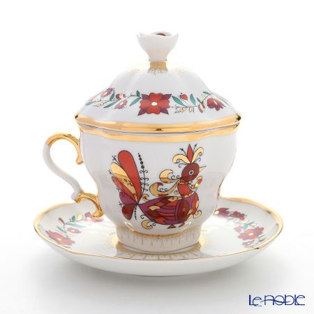 ロシア食器 インペリアル・ポーセリン レッドルースター ティーカップ＆ソーサー 250ml（ふた付）