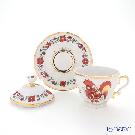 ロシア食器 インペリアル・ポーセリン レッドルースター ティーカップ＆ソーサー 250ml（ふた付）