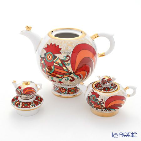 ロシア食器 インペリアル・ポーセリン レッドルースター ティーポット セット（1.8L／250ml）