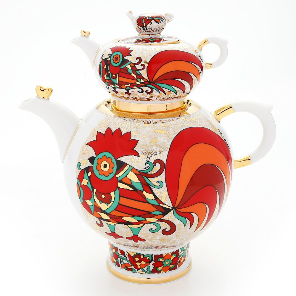 ロシア食器 インペリアル・ポーセリン レッドルースター ティーポット セット（1.8L／250ml）